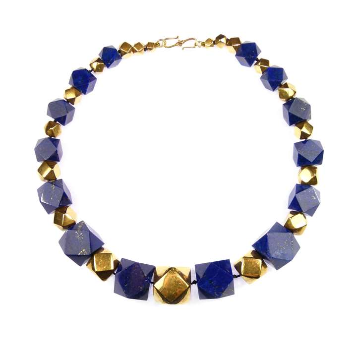 Graduated lapis and gold geometric bead necklace